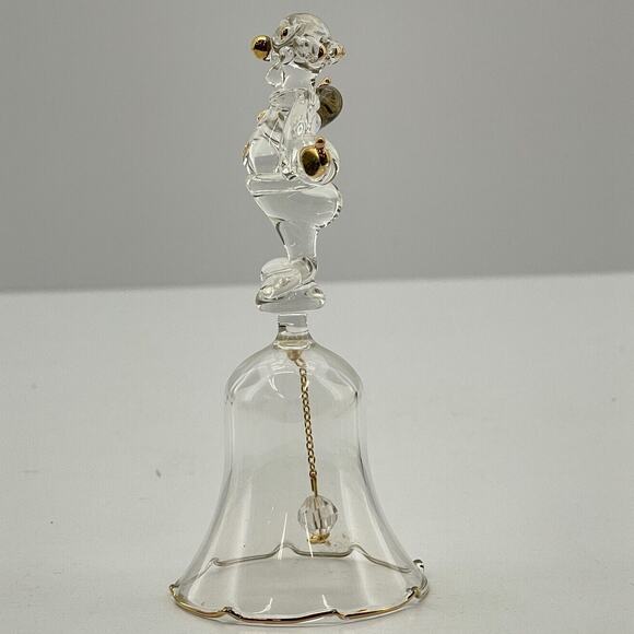 Clear Glass Lead Crystal Dinner Bell w/ Clown on Top Gold Accent 5 inch Tall - Picture 2 of 10